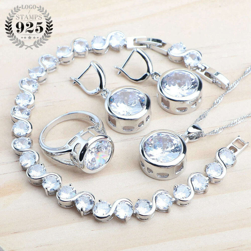 KIMLUD, 925 Sterling Silver Jewelry Sets Bridal Women Natural Magic Rainbow Zircon Earrings Ring Bracelets Pendant Wedding Necklace Set, 4PCS-White / 6, KIMLUD APPAREL - Womens Clothes