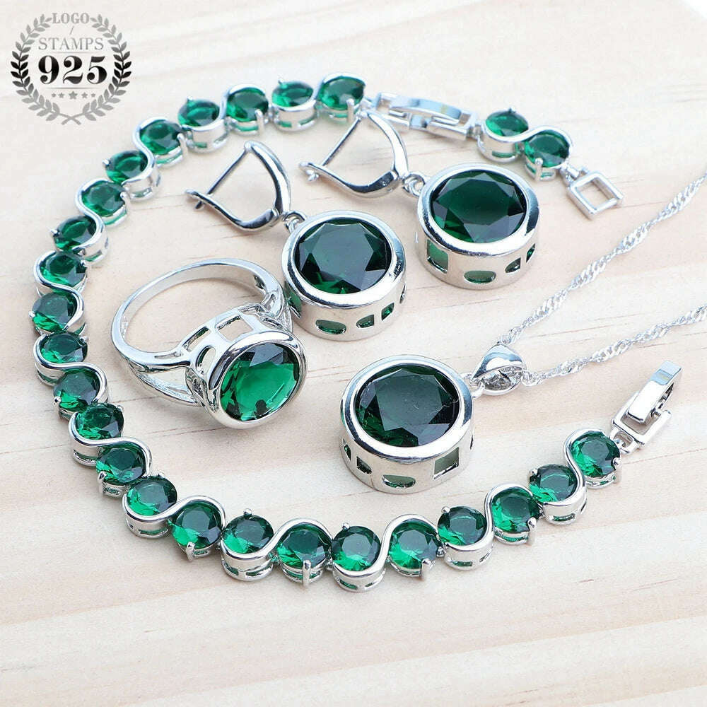 KIMLUD, 925 Sterling Silver Jewelry Sets Bridal Women Natural Magic Rainbow Zircon Earrings Ring Bracelets Pendant Wedding Necklace Set, 4PCS-Green / 6, KIMLUD APPAREL - Womens Clothes