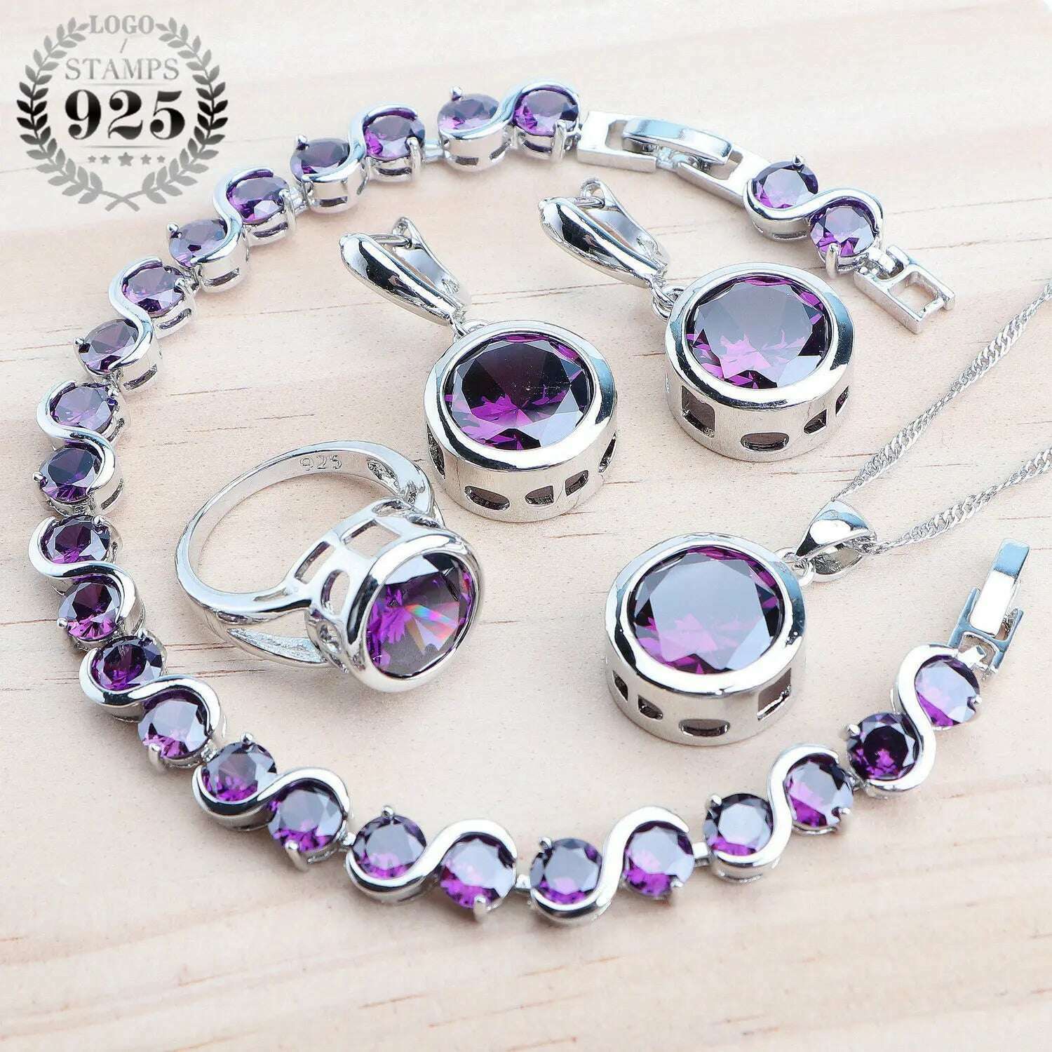 KIMLUD, 925 Sterling Silver Jewelry Sets Bridal Women Natural Magic Rainbow Zircon Earrings Ring Bracelets Pendant Wedding Necklace Set, 4PCS-Purple / 6, KIMLUD APPAREL - Womens Clothes