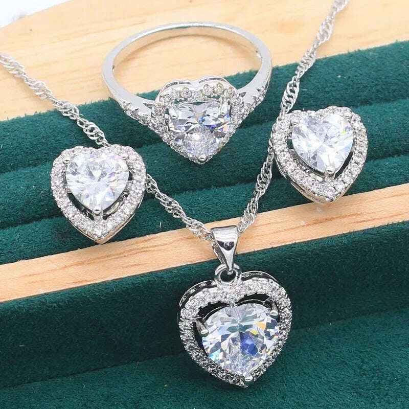 KIMLUD, 925 Sterling Silver Jewelry Sets For Women Wedding White Zircon Bracelet Pierced Earrings Necklace pendant Ring Free Gift Box, 3PCS / 7, KIMLUD APPAREL - Womens Clothes