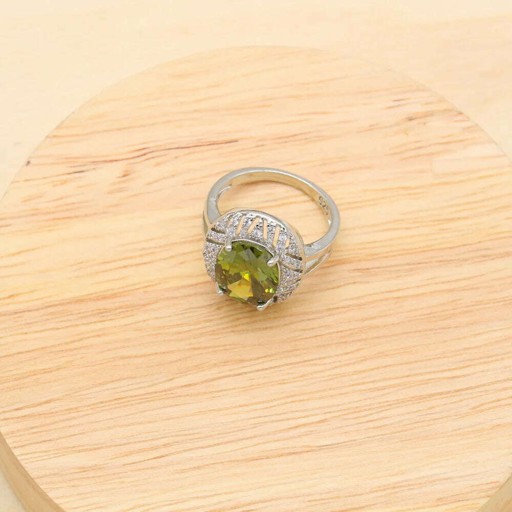 KIMLUD, 925 Sterling Silver Luxury Popular Olive Green Stones Cubic Zirconia Jewelry Sets For Women Earrings Pendant Necklace Bracelet, KIMLUD Womens Clothes