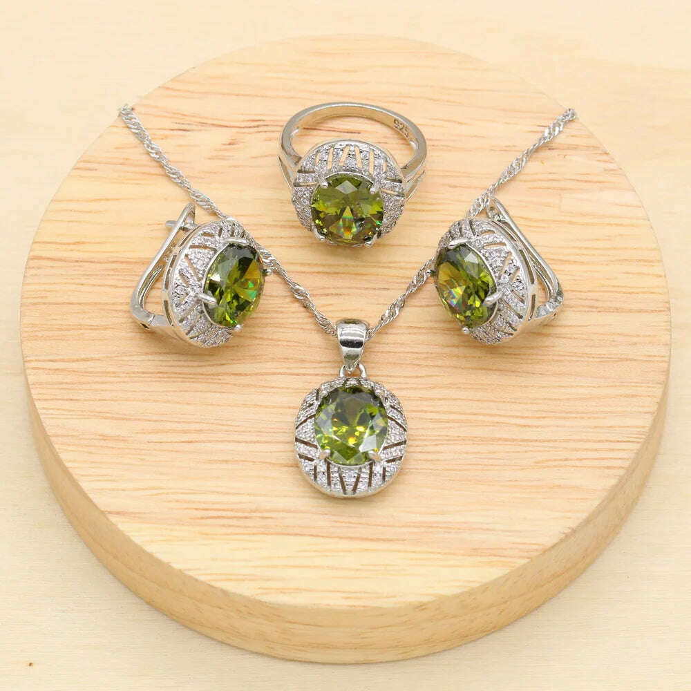 KIMLUD, 925 Sterling Silver Luxury Popular Olive Green Stones Cubic Zirconia Jewelry Sets For Women Earrings Pendant Necklace Bracelet, Olive Green 3PCS / 9, KIMLUD APPAREL - Womens Clothes