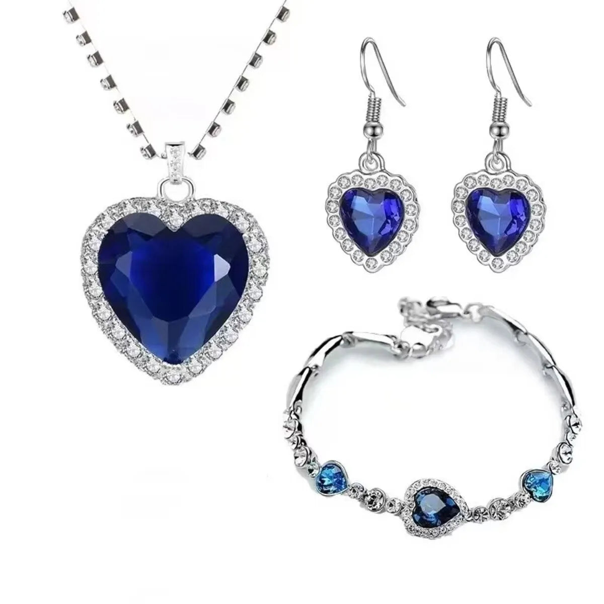 Ocean Heart Titanic Blue Pendant Necklace+Velvet Bag New Fashionable Sparkling Full Diamond Eternal Love Red Sweater Chain