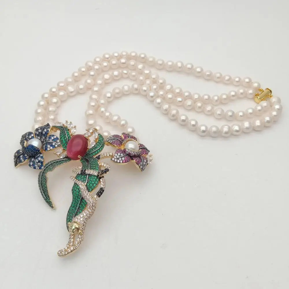21" 2 Rows White Round freshwater Pearl Necklace cz pave annimal flower monkey gold color plated Pendant luxury wedding