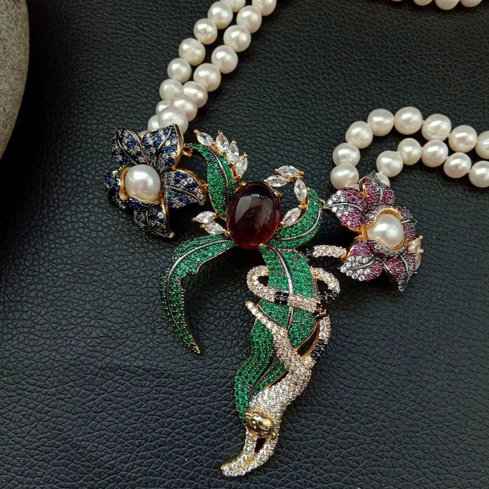 21" 2 Rows White Round freshwater Pearl Necklace cz pave annimal flower monkey gold color plated Pendant luxury wedding