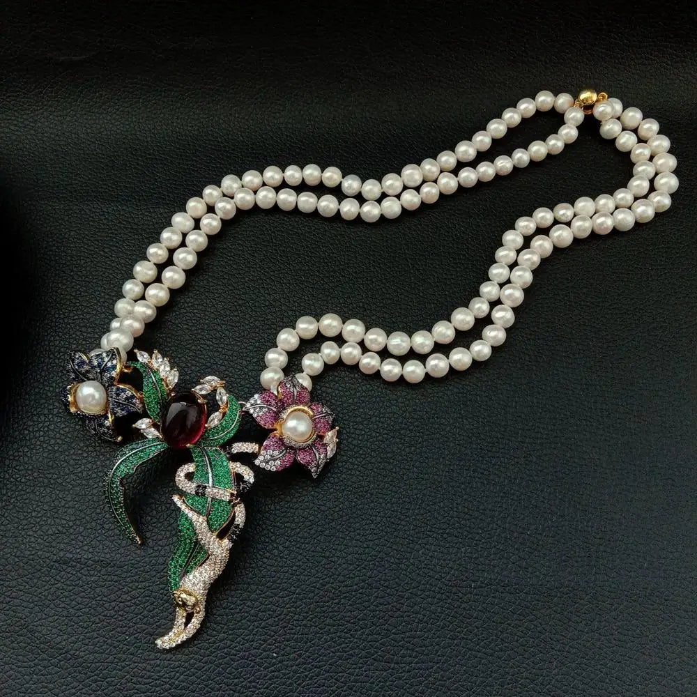 21" 2 Rows White Round freshwater Pearl Necklace cz pave annimal flower monkey gold color plated Pendant luxury wedding