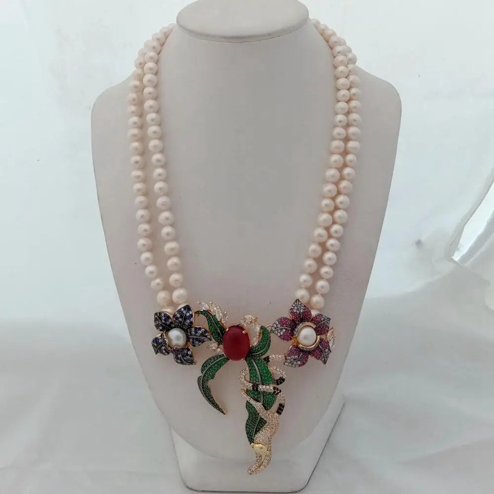 21" 2 Rows White Round freshwater Pearl Necklace cz pave annimal flower monkey gold color plated Pendant luxury wedding