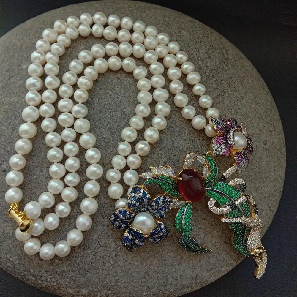 21" 2 Rows White Round freshwater Pearl Necklace cz pave annimal flower monkey gold color plated Pendant luxury wedding