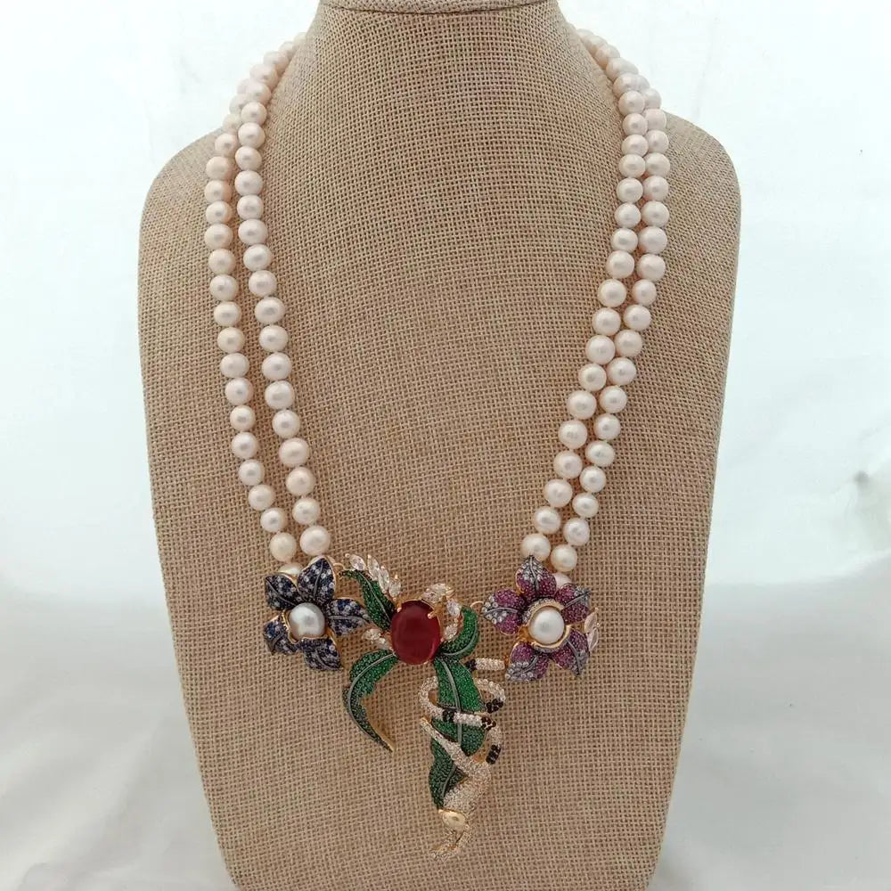 21" 2 Rows White Round freshwater Pearl Necklace cz pave annimal flower monkey gold color plated Pendant luxury wedding