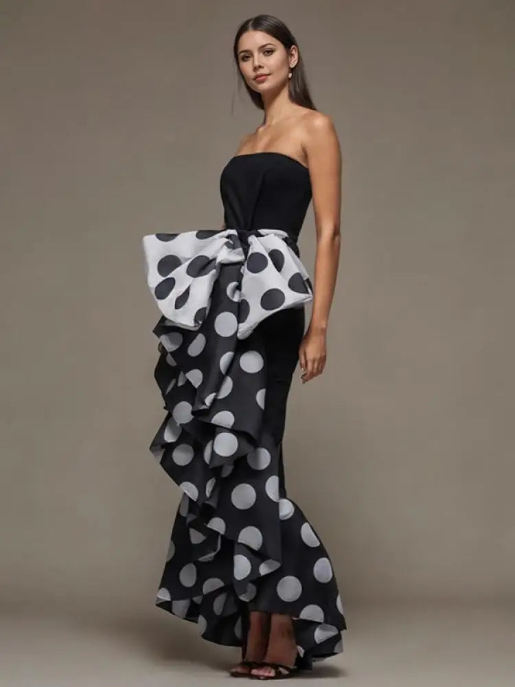 Yeezzi Women British Style Polka Dot Bow-Embellished Pleated Strapless Dress 2024 Summer Sleeveless Elegant Evening Dresses - KIMLUD