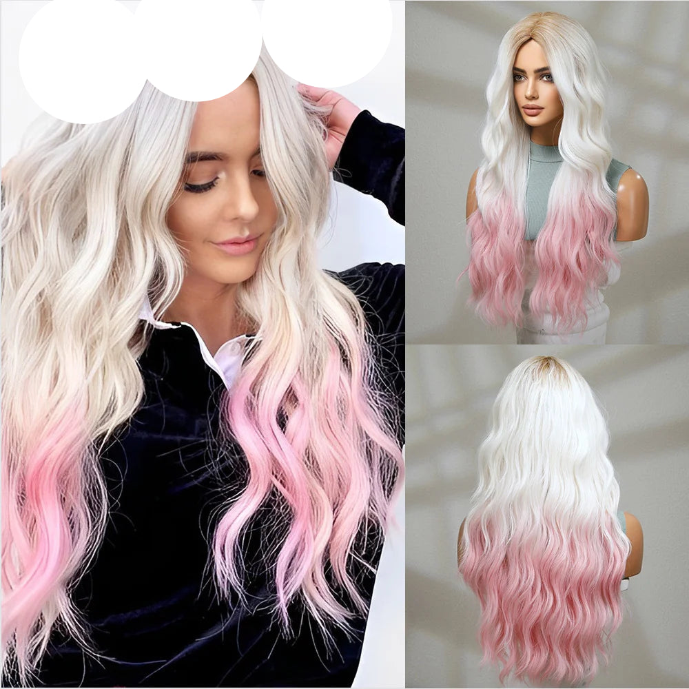 oneNonly Pink White Long Wig Blonde Rainbow Wavy Wigs Halloween Cosplay Party Wigs for Women Makeup Tools Synthetic Hair - KIMLUD