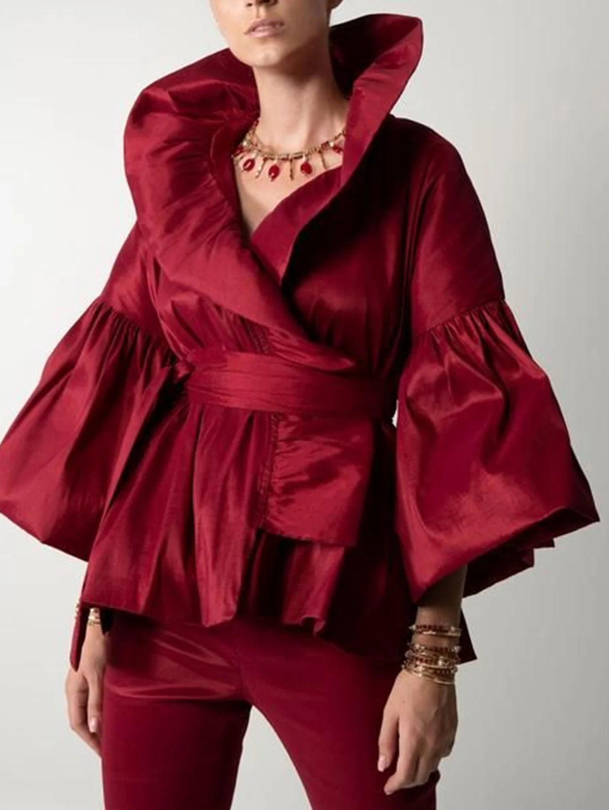 Elegant Turn Down Collar Women Blouse Puff Long Sleeve Ruffles Lady Blouse Shirt Women Tops Blouses Shirts Blusas Para Mujer