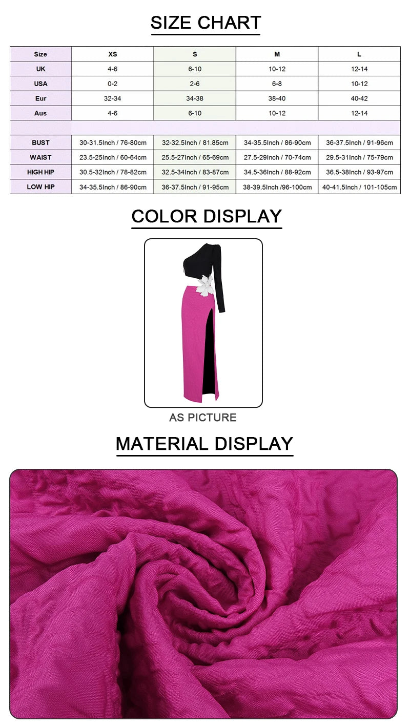 VC Fashion Party Dresses For Women 2023 Autumn Winter Sexy One Shoulder Long Sleeves High Waist Big Flower Decoration Gowns - KIMLUD