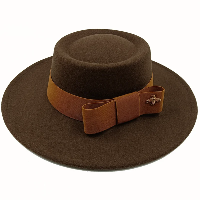 Wholesale Fedora hats Winter round concave convex surface flat top bow elastic ribbon men's and women's felt jazz hats Fedora - KIMLUD