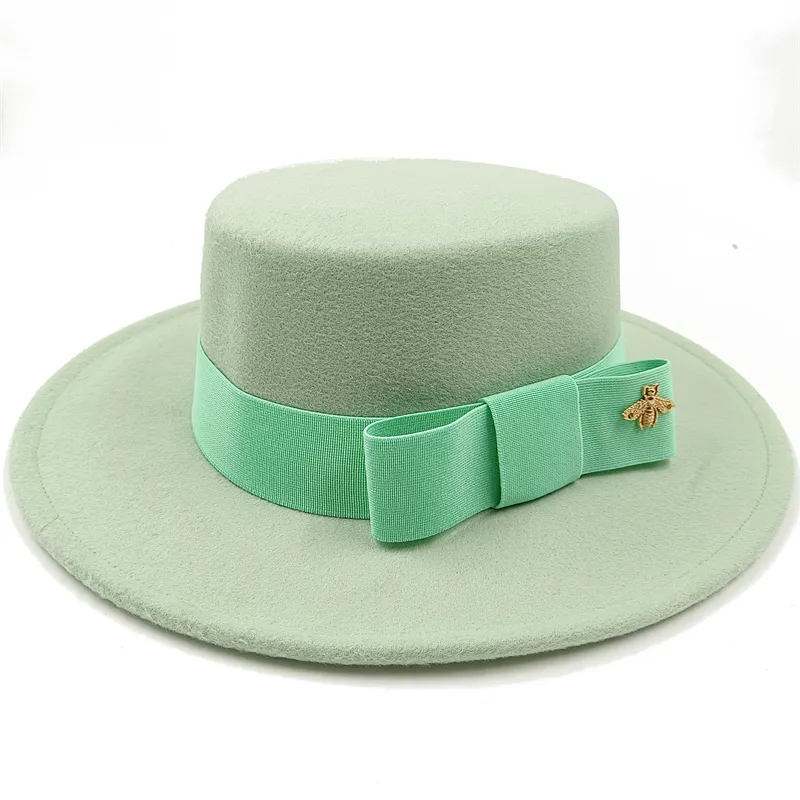 Wholesale Fedora hats Winter round concave convex surface flat top bow elastic ribbon men's and women's felt jazz hats Fedora - KIMLUD