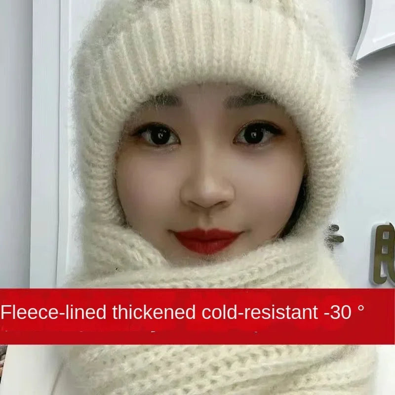 New Plush and Thickened Scarf Integrated Wind and Snow Hat, Autumn and Winter Squirrel Fluff Thread Hat for Warmth - KIMLUD