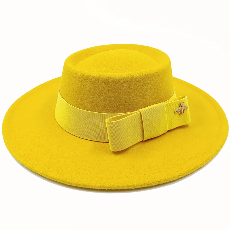 Wholesale Fedora hats Winter round concave convex surface flat top bow elastic ribbon men's and women's felt jazz hats Fedora - KIMLUD
