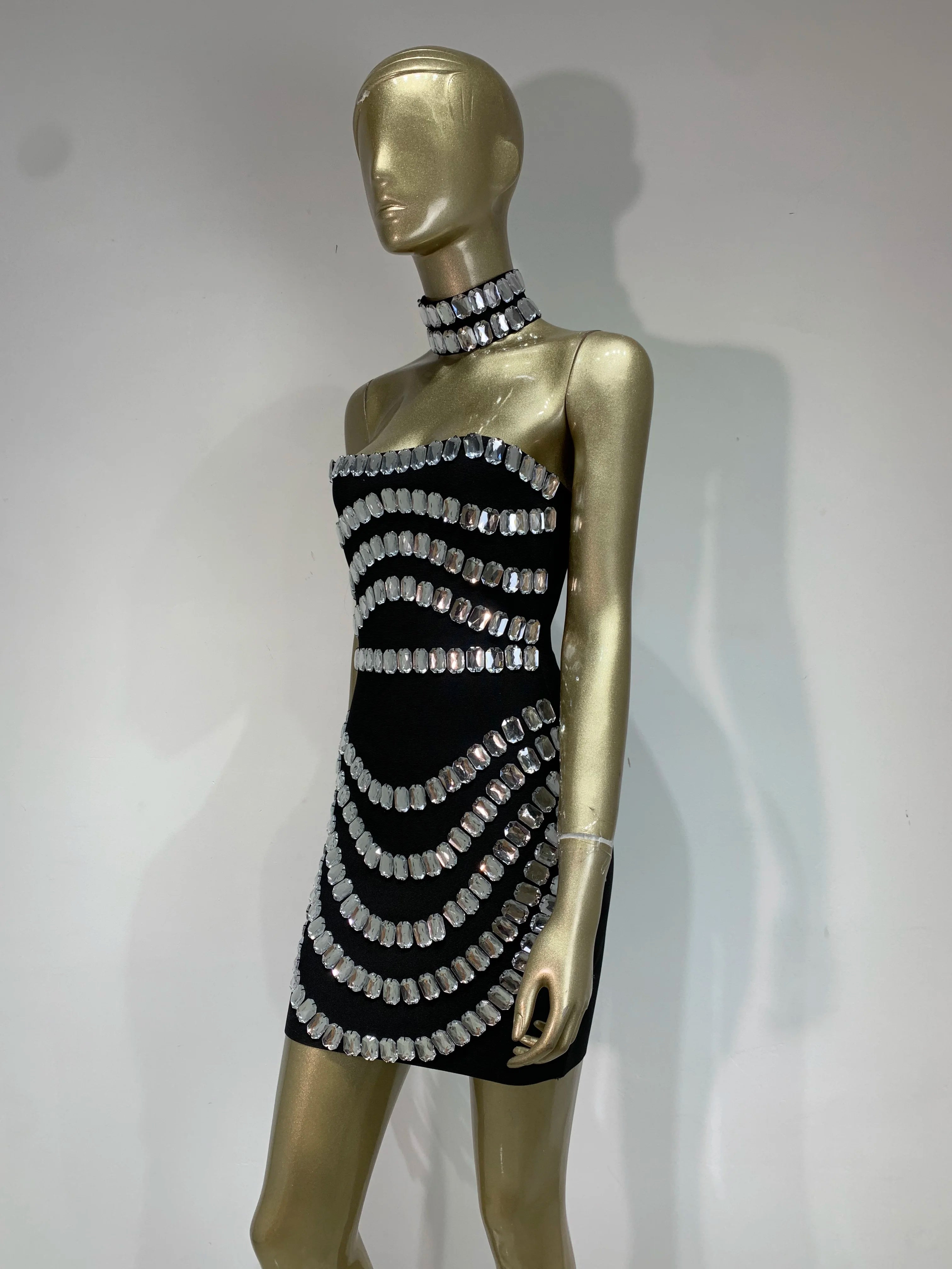 Brand New Ins 2025 Women Black Strapless Crystal Bandage Bodycon Dress Designer Collar Elegant Mini Evening Party Dress Vestido