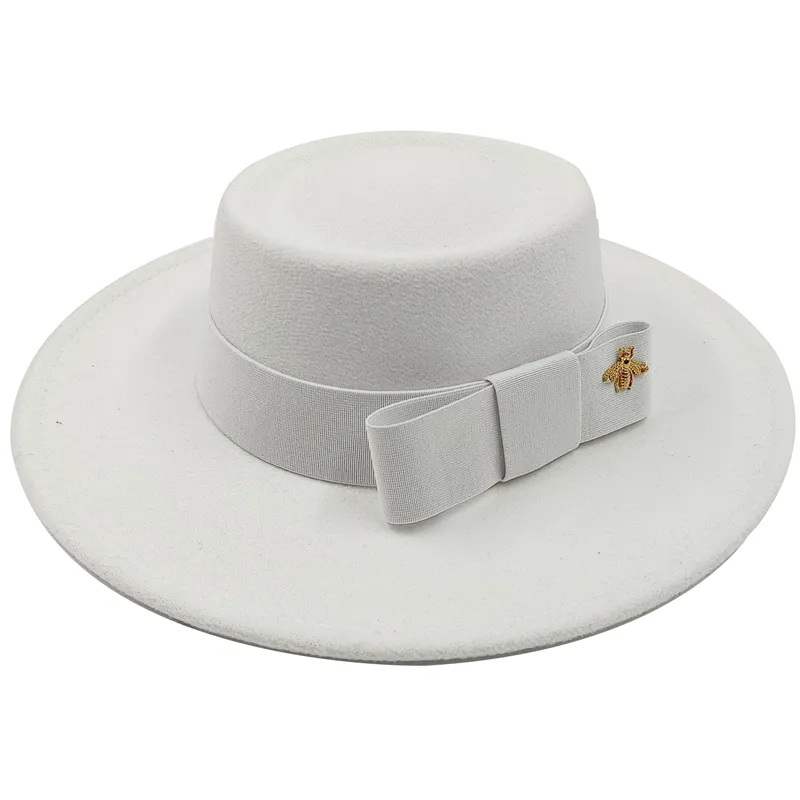 Wholesale Fedora hats Winter round concave convex surface flat top bow elastic ribbon men's and women's felt jazz hats Fedora - KIMLUD