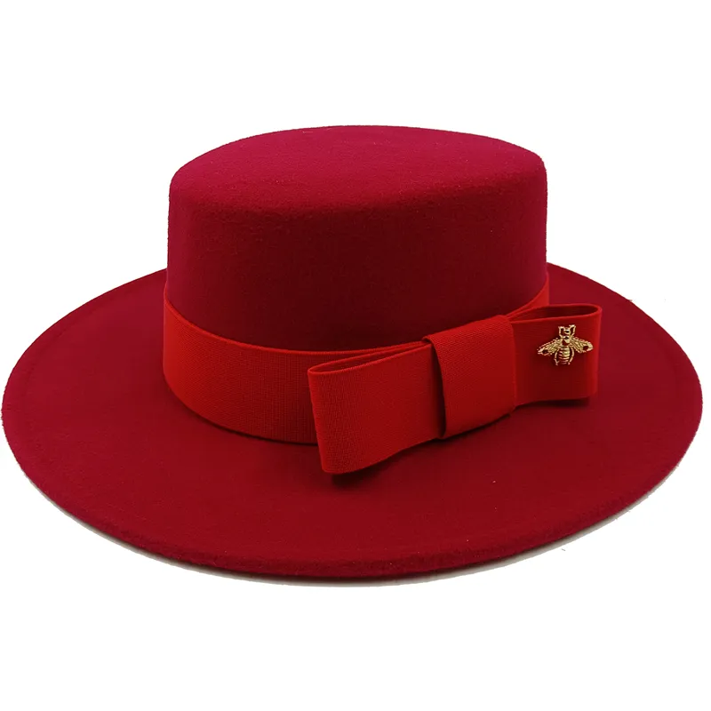 Wholesale Fedora hats Winter round concave convex surface flat top bow elastic ribbon men's and women's felt jazz hats Fedora - KIMLUD