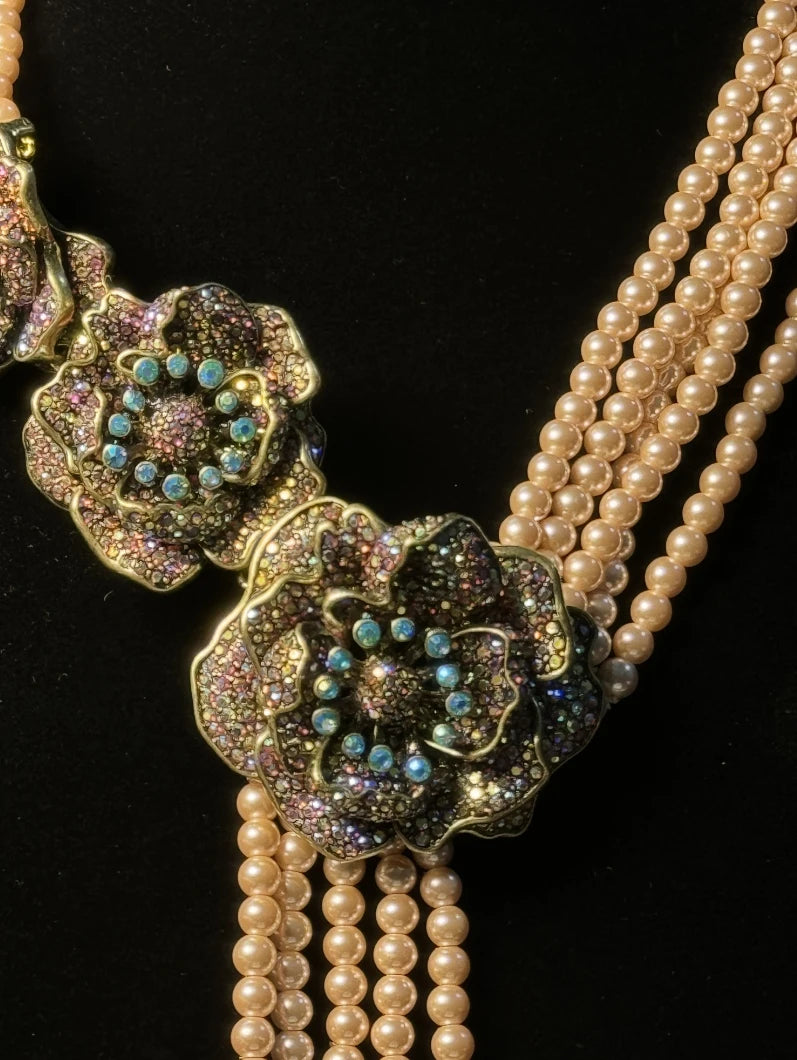 HD Europe and the United States Retro Literature Sweet Heavy Multi-Layer Glaze Inlaid Shiny Rhinestone Flowers Tassel Necklace