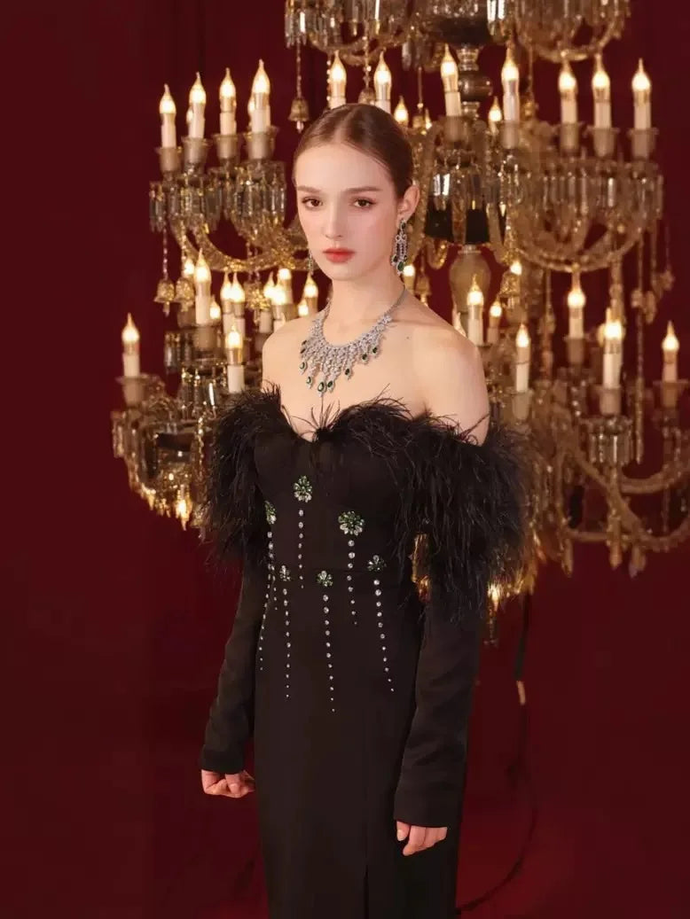 New Women Sexy Long Sleeve Feather Crystal Diamonds Black Knitted Long Bandage Dress Cut Out Elegant Evening Club Party Dress