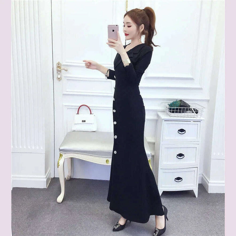 2025 Blue Bodycon Single Breasted Chic Office Lady Dress Women Korean Elegant Office Lady Dress Autumn Winter Fashion Prom Dress
