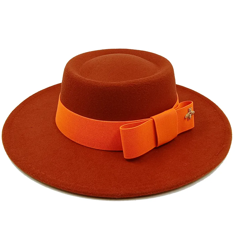 Wholesale Fedora hats Winter round concave convex surface flat top bow elastic ribbon men's and women's felt jazz hats Fedora - KIMLUD