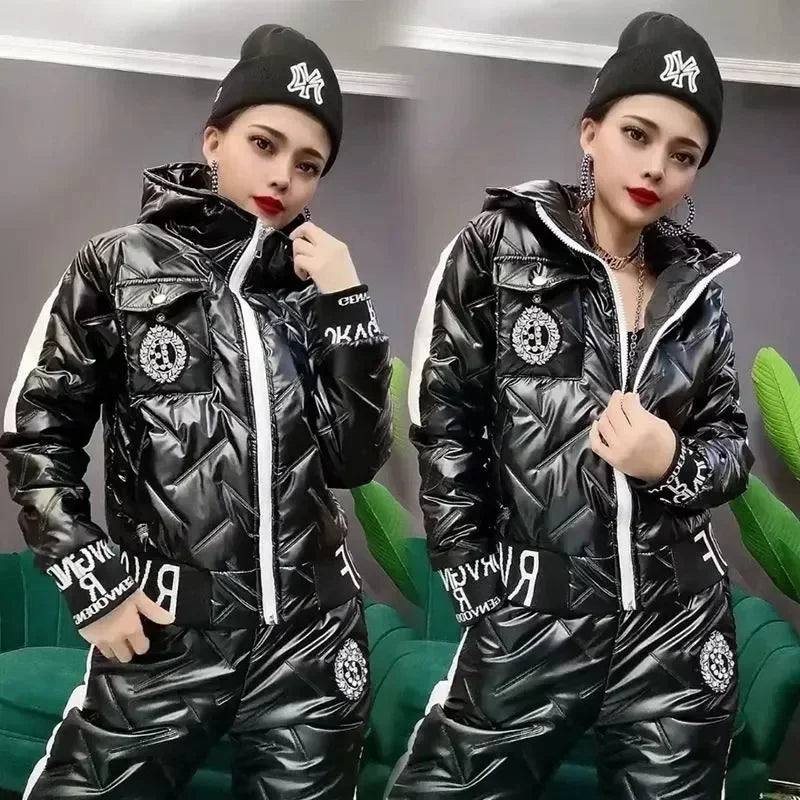 Trend Down Cotton Two Piece Sets Winter Warm Casual Thick Crop Hooded Coat Women Windproof Snow Wear Puffy Jogger Pant Tracksuit - KIMLUD