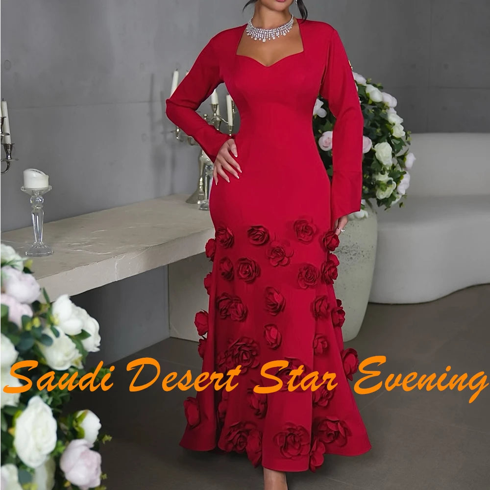 Exquisite Flowers Pleats Sweetheart Evening Dresses Graceful A-Line Satin Burgundy Long Sleeves Party Gowns Saudi Arabia 2024 - KIMLUD