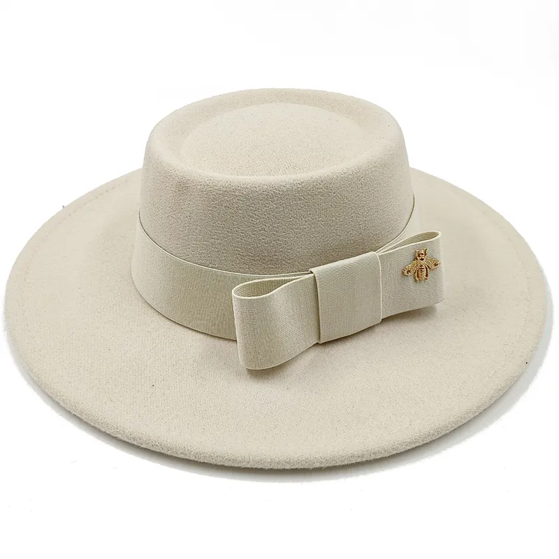Wholesale Fedora hats Winter round concave convex surface flat top bow elastic ribbon men's and women's felt jazz hats Fedora - KIMLUD