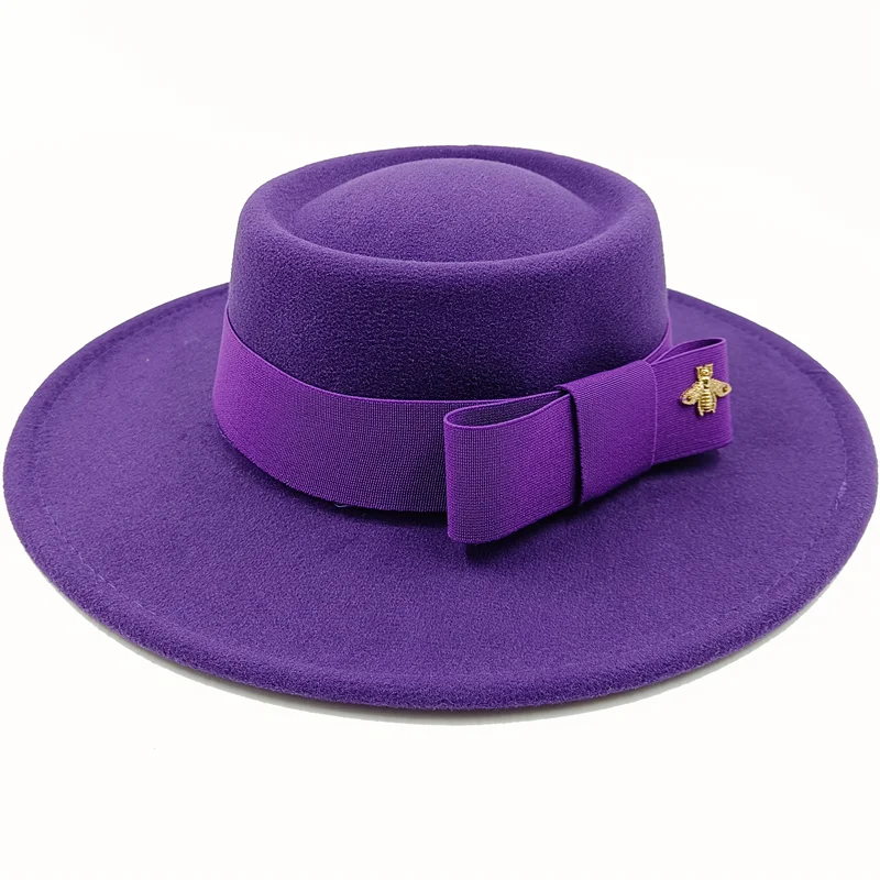 Wholesale Fedora hats Winter round concave convex surface flat top bow elastic ribbon men's and women's felt jazz hats Fedora - KIMLUD