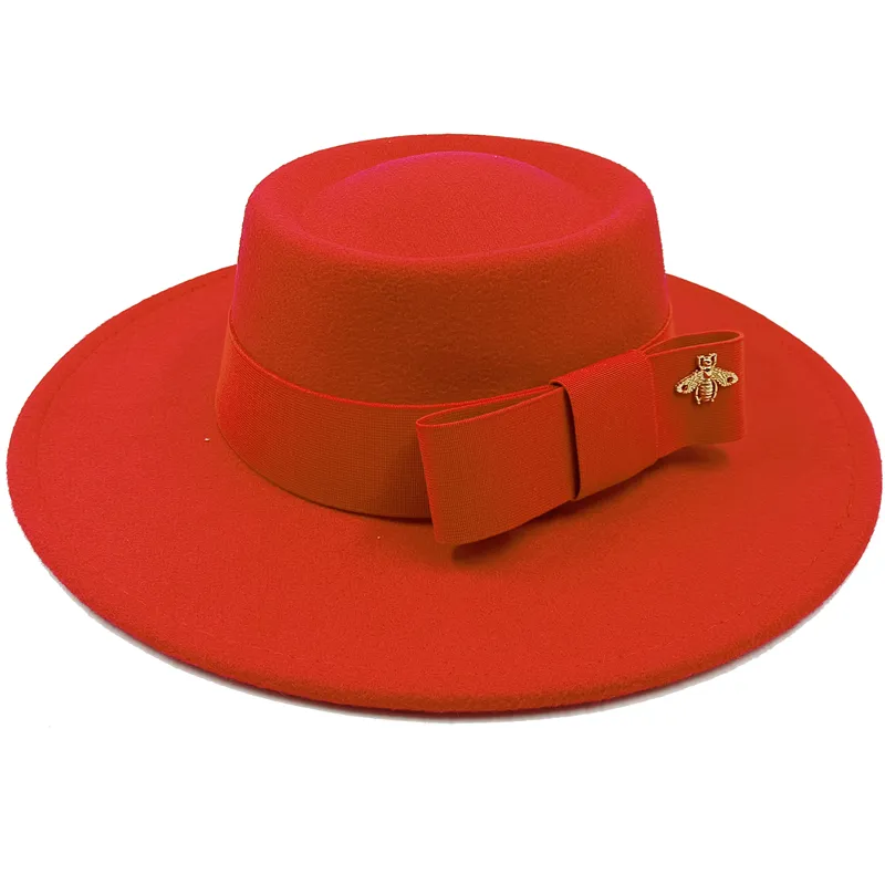Wholesale Fedora hats Winter round concave convex surface flat top bow elastic ribbon men's and women's felt jazz hats Fedora - KIMLUD