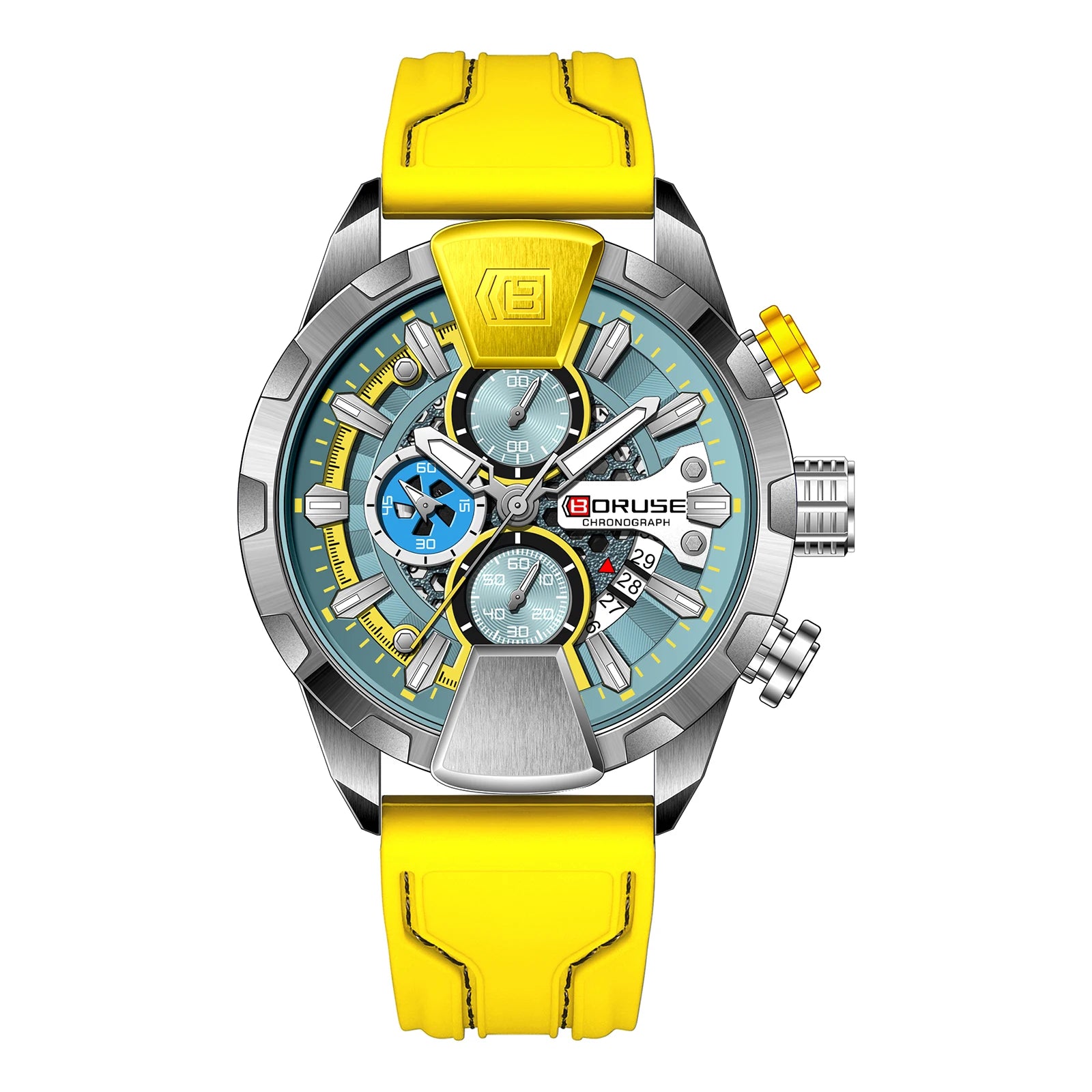 BORUSE Yellow Watches for Men Business Chronograph Silicone Waterproof Quartz Wristwatch Reloj Hombre
