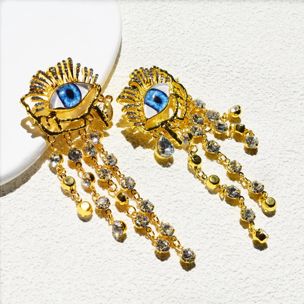 Vintage Ethnic Golden Eyes Chain Dangle Earrings For Women Fashion Jewelry Baroque Style Lady Statement Earrings Accessories