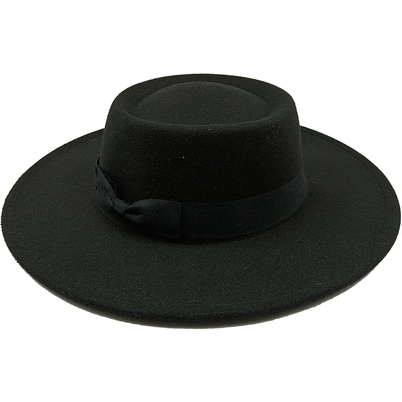 Wholesale Fedora hats Winter round concave convex surface flat top bow elastic ribbon men's and women's felt jazz hats Fedora - KIMLUD