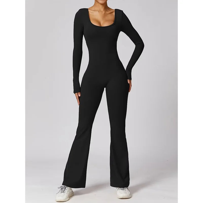long sleeved jumpsuit U-neck tight and sexy backless jumpsuit for autumn and winter yoga sports and leisure series