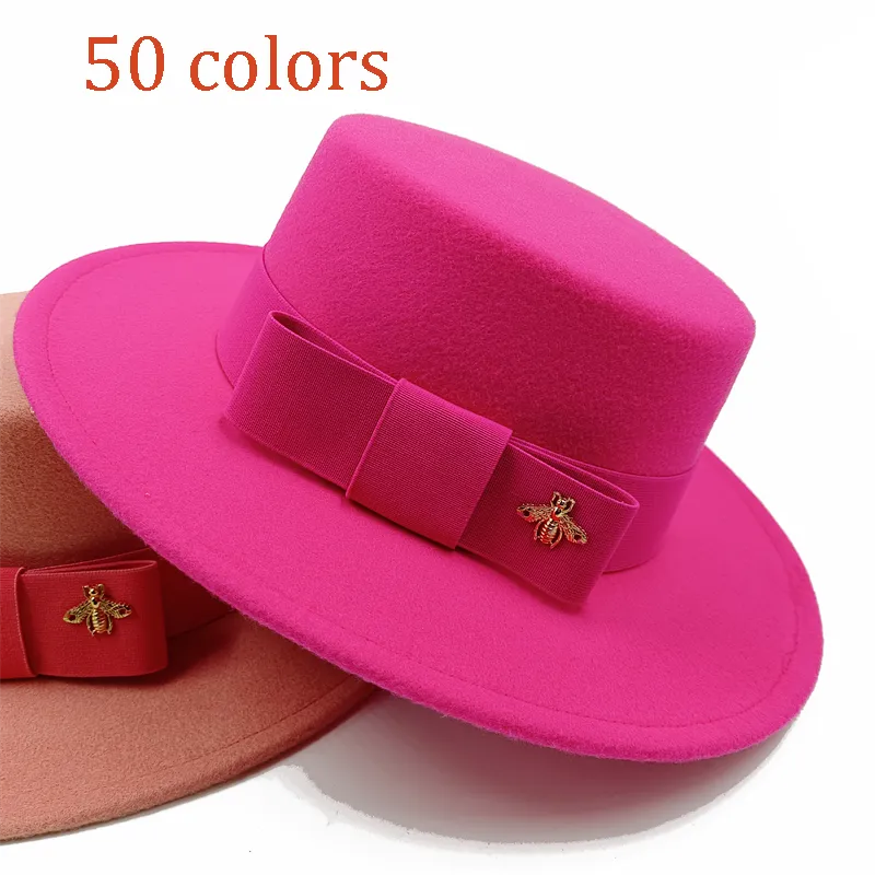 Wholesale Fedora hats Winter round concave convex surface flat top bow elastic ribbon men's and women's felt jazz hats Fedora - KIMLUD