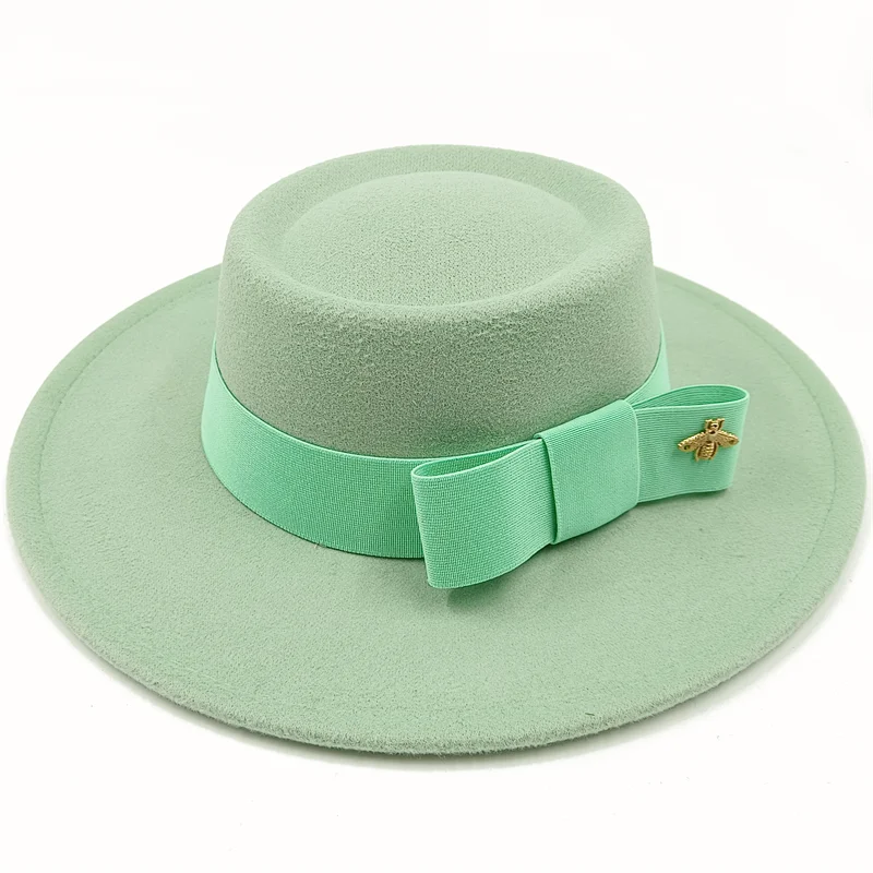 Wholesale Fedora hats Winter round concave convex surface flat top bow elastic ribbon men's and women's felt jazz hats Fedora - KIMLUD