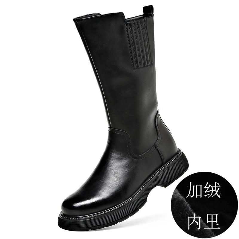 Long Boots Men's High Barrel Genuine Leather Knight Thick Sole Vintage High Top Denim Martin Soft Leather Plush Elevated Horse - KIMLUD