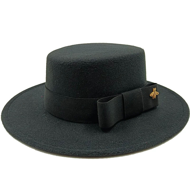 Wholesale Fedora hats Winter round concave convex surface flat top bow elastic ribbon men's and women's felt jazz hats Fedora - KIMLUD