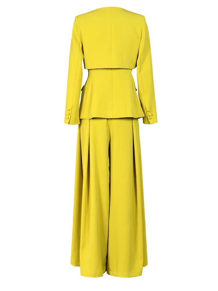 DEAT Fashhion Women's Yellow 2 Pcs Set V-neck Spliced Lpng Sleeve Blazer High Waist Wide Leg Pant Suit Summer 2024 New 15G7152 - KIMLUD