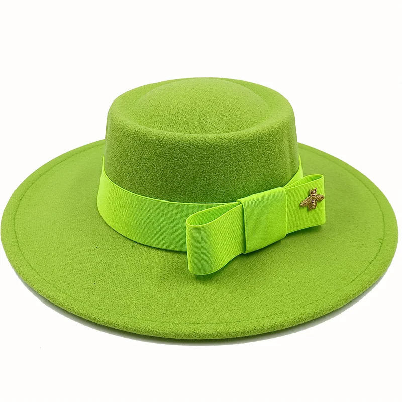 Wholesale Fedora hats Winter round concave convex surface flat top bow elastic ribbon men's and women's felt jazz hats Fedora - KIMLUD