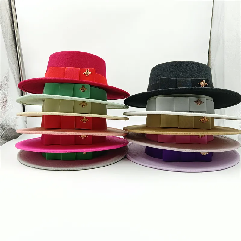Wholesale Fedora hats Winter round concave convex surface flat top bow elastic ribbon men's and women's felt jazz hats Fedora - KIMLUD