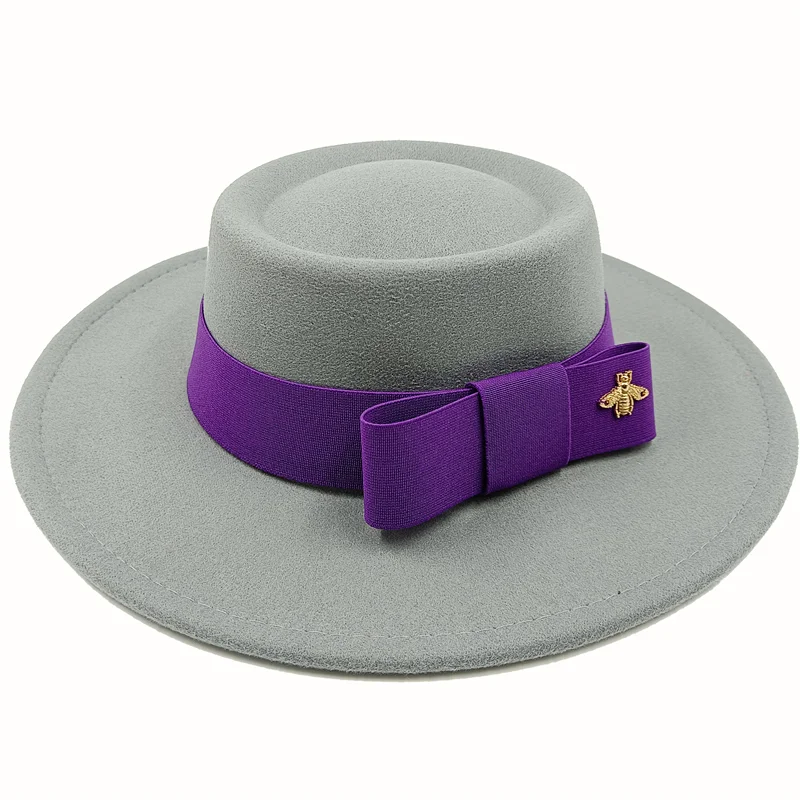 Wholesale Fedora hats Winter round concave convex surface flat top bow elastic ribbon men's and women's felt jazz hats Fedora - KIMLUD