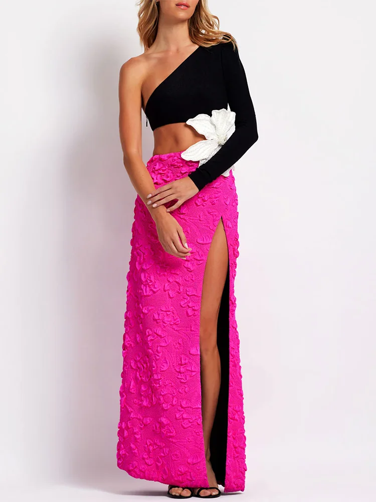 VC Fashion Party Dresses For Women 2023 Autumn Winter Sexy One Shoulder Long Sleeves High Waist Big Flower Decoration Gowns - KIMLUD