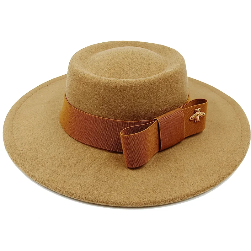 Wholesale Fedora hats Winter round concave convex surface flat top bow elastic ribbon men's and women's felt jazz hats Fedora - KIMLUD