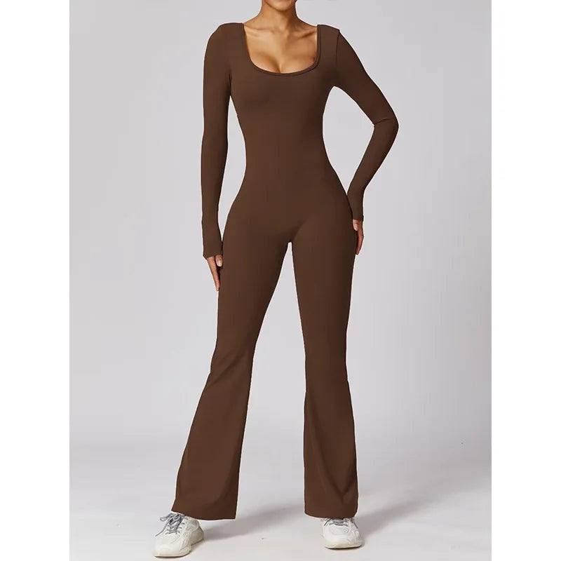 long sleeved jumpsuit U-neck tight and sexy backless jumpsuit for autumn and winter yoga sports and leisure series