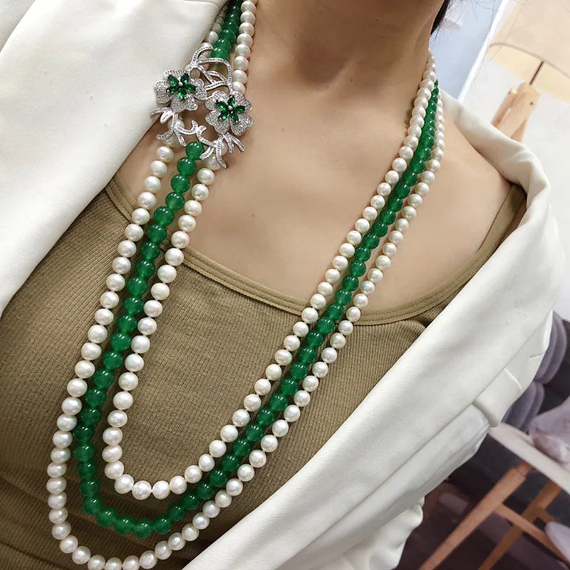 3rows freshwater pearl white near round 7-8mm &green jade round necklace 80cm
