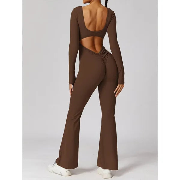 long sleeved jumpsuit U-neck tight and sexy backless jumpsuit for autumn and winter yoga sports and leisure series